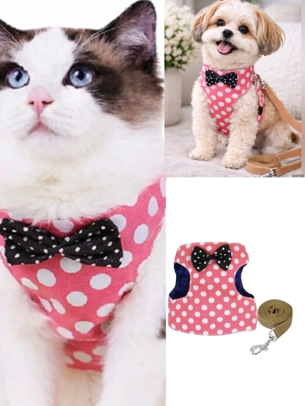 Pink Polka Dot Dog Harness Leash Set Small Bow Tie NWT